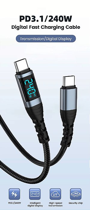 Cabo USB-C de alta velocidade 240W PD 3.1 com visor 1,2m