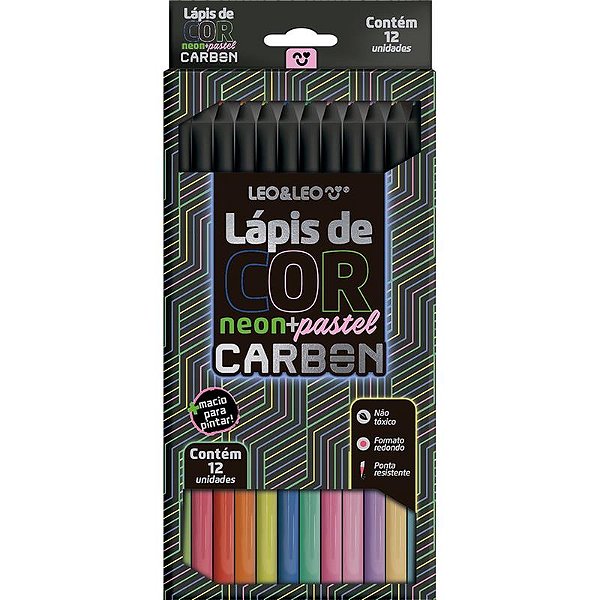 Lápis de Cor Redondo Carbon Line 12 Cores Neon/Pastel - Leonora