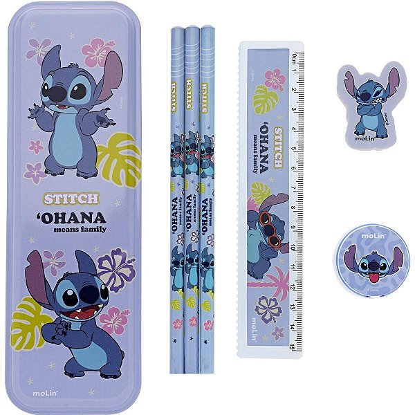 Kit Escolar Stitch 1 Estojo, 3 Lápis, 1 Régua, 1 Borracha e 1 Apontador - Molin