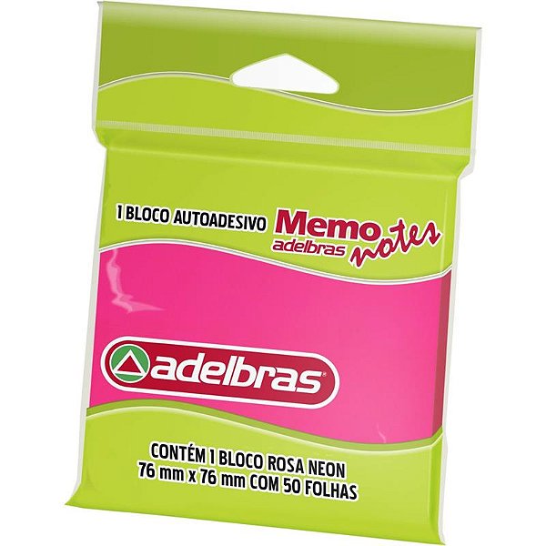 Bloco de Recado Autoadesivo Memonote rosa Neon 76 x 76 50 Folhas - Adelbras