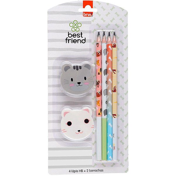 Kit Escolar Best Friends 4 Lápis Estampados HB e 2 Borrachas - BRW