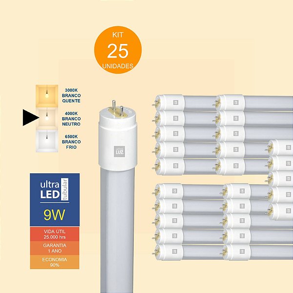 Kit 25 Lâmpadas Led Tubular 9w T8 4000k Branco Neutro 60cm Bivolt