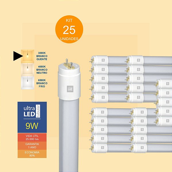 Kit 25 Lâmpadas Led Tubular 9w T8 3000k 60cm Bivolt