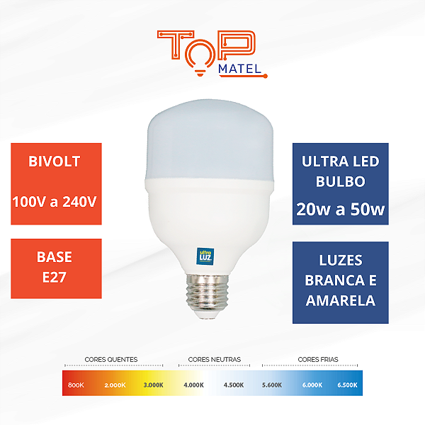 Lâmpadas LED 20W, 30W, 40W, 50W Super Bulbo T Ultraluz Bivolt Econômica Branca Fria/Quente E27