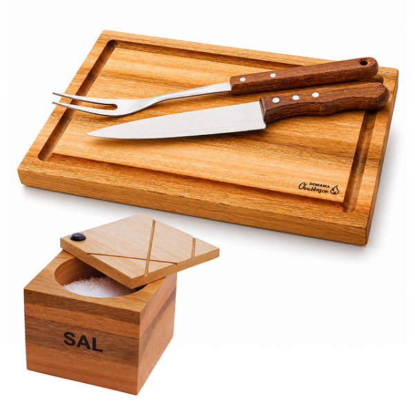 Kit Churrasco 4 Peças Inox Tábua Madeira Saleiro