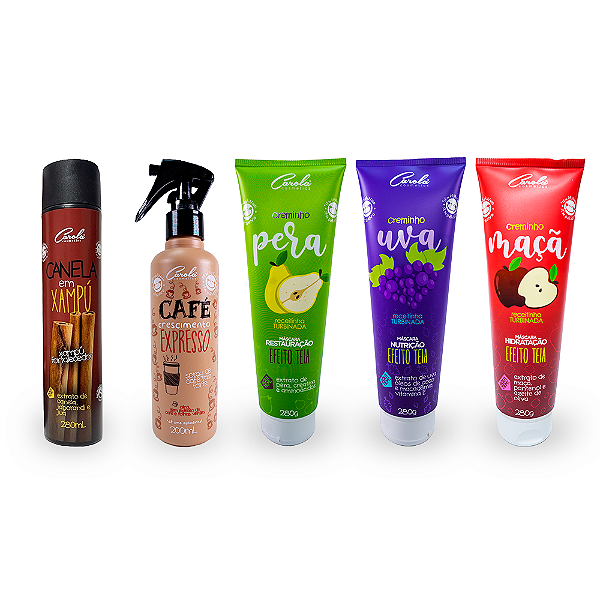 Carola Crescidos e Tratados (Café Expresso 200ml + Canela em Xampú 280ml + Pêra + Uva + Maçã 280gr cada)