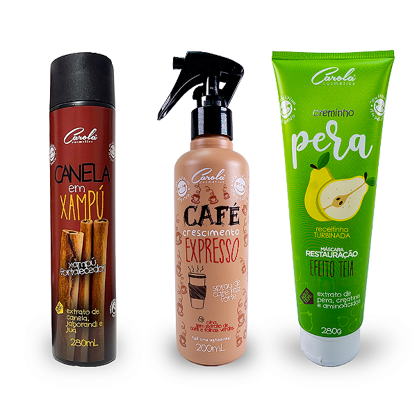 Crescimento e força ( kit Café Expresso 200ml + Canela em Xampú 280ml + Pêra Creminho Reconstrução 280gr)