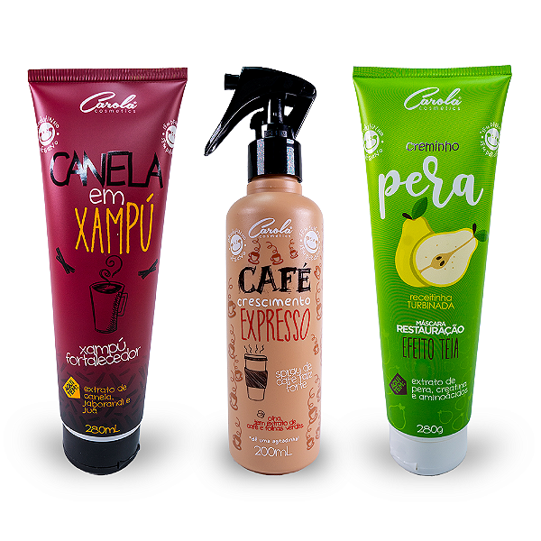 Crescimento e força ( kit Café Expresso 200ml + Canela em Xampú 280ml + Pêra Creminho Reconstrução 280gr)