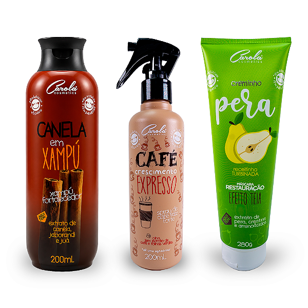 Crescimento e força ( kit Café Expresso 200ml + Canela em Xampú 200ml + Pêra Creminho Reconstrução 280gr)