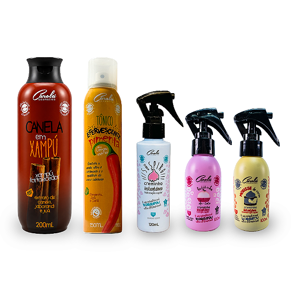 Cronograma Trata e Cresce (Xampú Canela + Spray Pimenta + Suspiro + Beijinho de Coco + Mousse de Cacau)