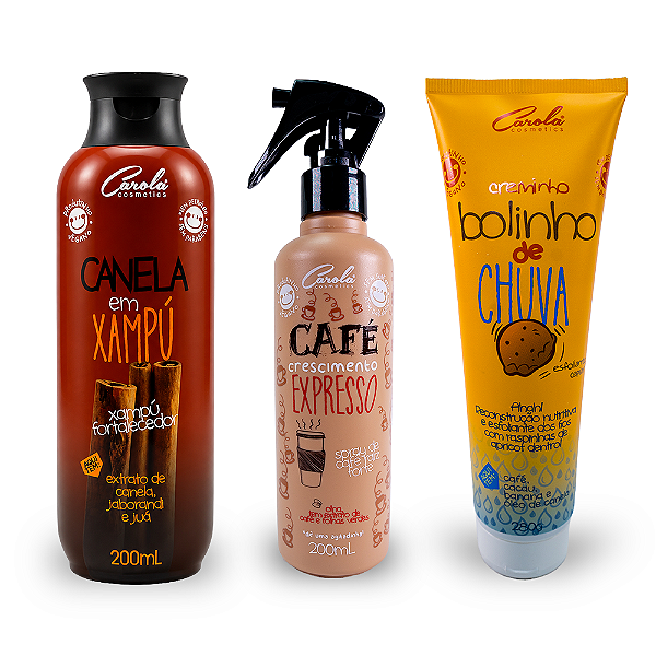Trio Crescimento e Raíz Delícia (Canela em Xampú + Bolinho de Chuva Creminho Esfoliante + Café Expresso Spray)