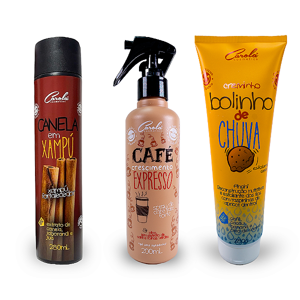 Trio Crescimento e Raíz Delícia (Canela em Xampú + Bolinho de Chuva Creminho Esfoliante + Café Expresso Spray)