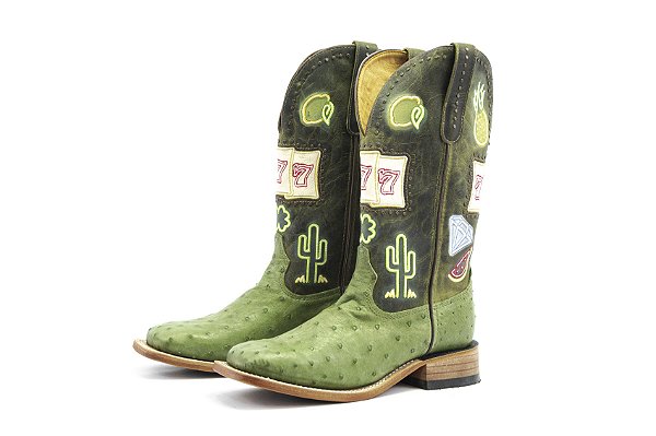 Bota Feminina Goyazes Exótica - Avestruz Oliva - Couro Dallas Folha - Couro