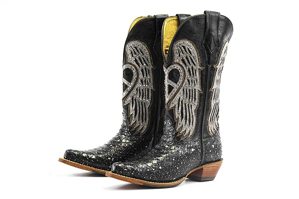 Bota Feminina Goyazes Exótica - Cobra Pyton Estrelado - Couro Mustang Preto - Couro BF