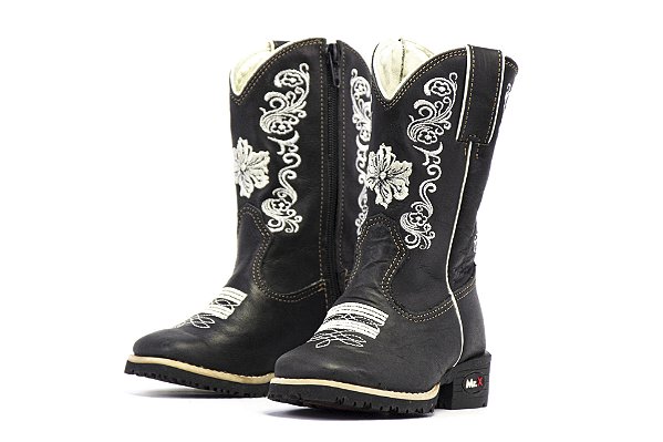 Bota Mr West Infantil Fossil Preto  Cano F Preto Bordado Prata - Branco - Flex