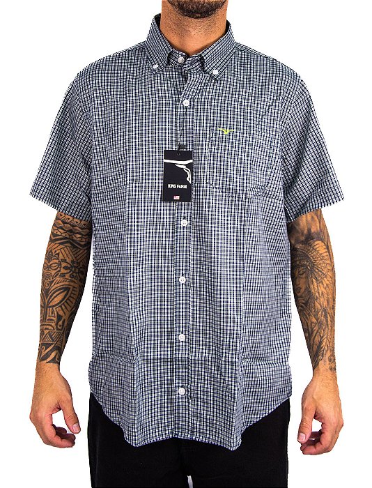 Camisa Masculina King Farm - Manga Curta Xadrez Marinho/Verde