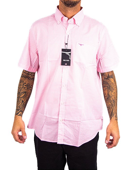 Camisa Masculina King Farm - Manga Curta Xadrez Rosa Claro
