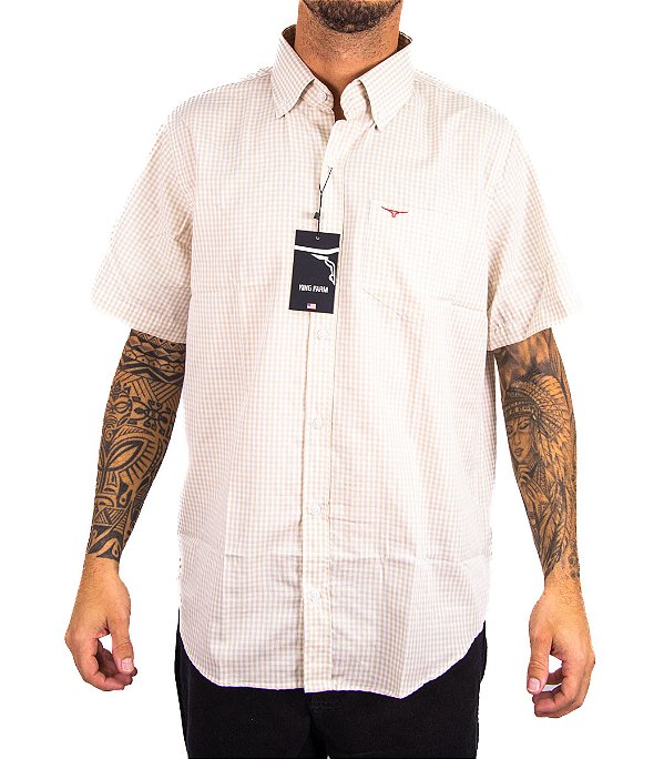 Camisa Masculina King Farm - Manga Curta Xadrez Bege