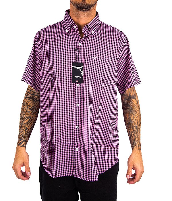Camisa Masculina  King Farm - Manga Curta Xadrez Pink/Preto