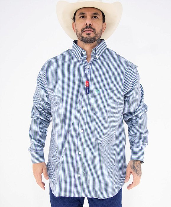 Camisa Masculina Classic Manga Longa - Xadrez Azul/Verde