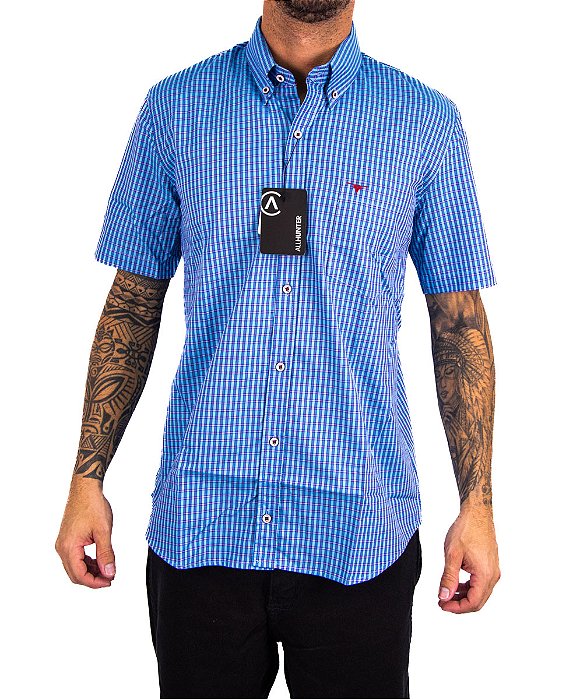 Camisa Masculina All Hunter - Manga Curta Azul/Vermelho