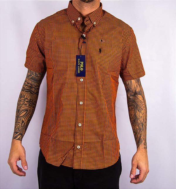 Camisa Masculina Pollo Ralph Lauren - Manga Curta Xadrez Laranja