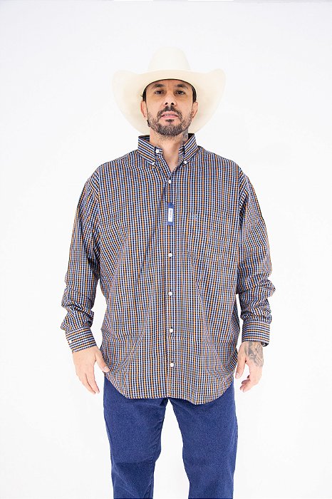 Camisa Masculina Classic Manga Longa - Xadrez Azul/ Laranja/ Preto
