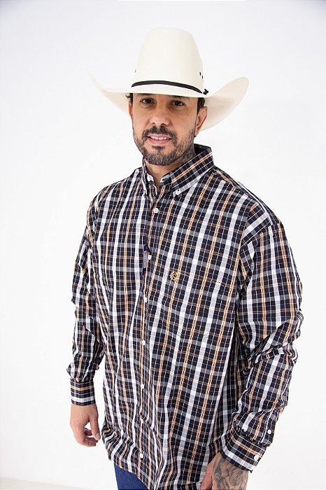 Camisa Masculina Classic Manga Longa - Xadrez Branco/ Preto/ Laranja