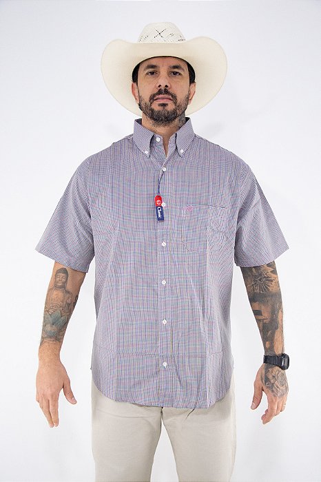 Camisa Masculina Classic Manga Curta - Xadrez Azul/ Rosa/ Amarelo/ Turquesa