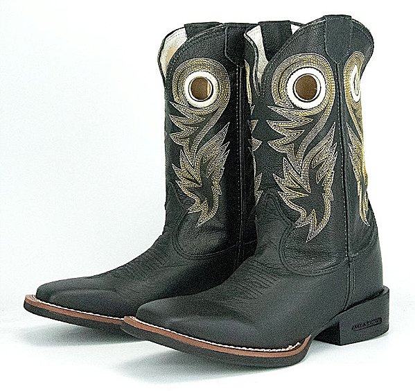 Bota Masculina Austin Ranch - Cano Médio/ Bico Quadrado/ Solado Flex/ Cor: Preto/ Preto Amarelo - Cód. 12A005F2P
