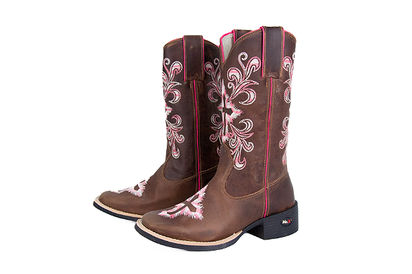 Bota Feminina Mr West - Cor: Fóssil Tabaco/ Bordado Pink bege/ Bico Quadrado/ Solado Flex - Outlet