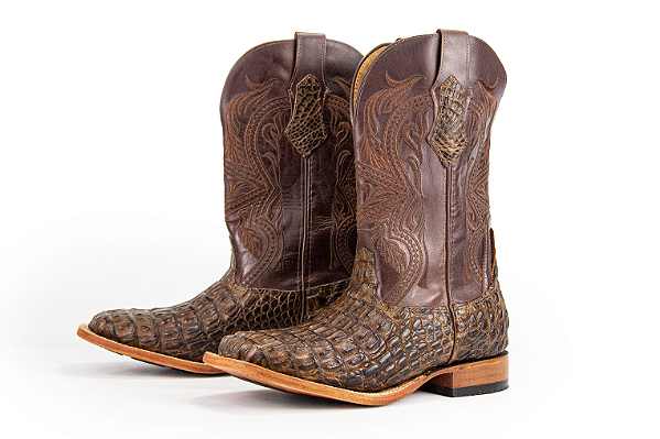 Bota Masculina Goyazes Solado em Couro/ Bico Quadrado/ Jacaré Tabaco/ Couro Mustang Café