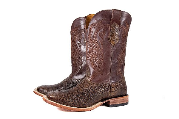 Bota Masculina Exotica Goyazes Solado em Couro/ Bico Quadrado/ Jacaré Tabaco/ Couro Mustang Café 241501-JC