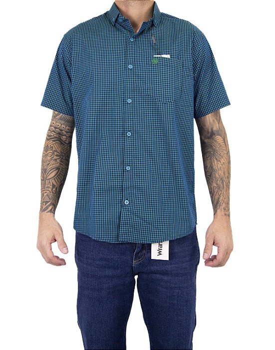 Camisa Masculina Ariat Xadrez Manga Curta - Azul turquesa com marinho bordado verde