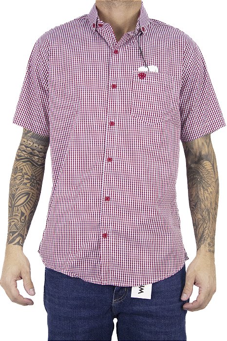 Camisa Masculina Ariat Xadrez Manga Curta - Vermelho com branco bordado vermelho