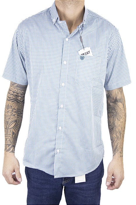Camisa Masculina Ariat Xadrez Manga Curta - Verde com branco bordado verde