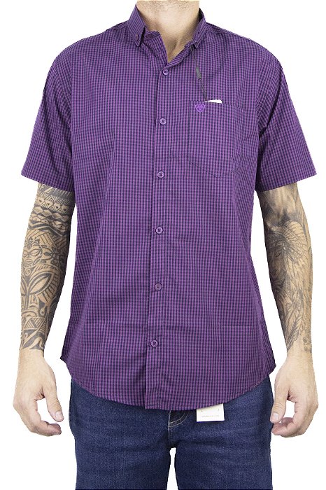 Camisa Masculina Ariat Xadrez Manga Curta - Pink com branco bordado pink