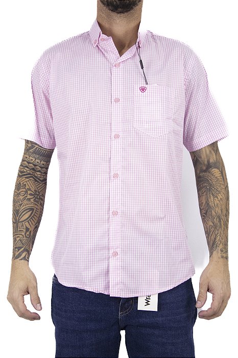 Camisa Masculina Ariat Xadrez Manga Curta - Rosa com branco bordado rosa