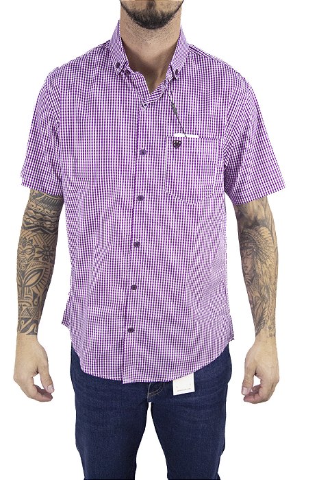 Camisa Masculina Ariat Xadrez Manga Curta - Pink com preto bordado pink