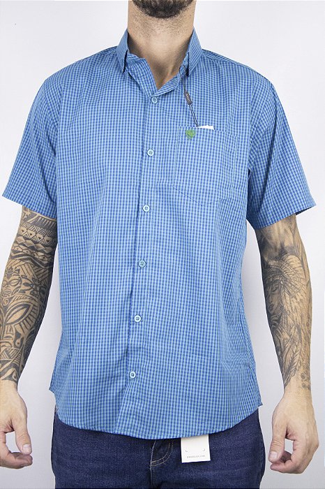 Camisa Masculina Ariat Xadrez Manga Curta - Azul Turquesa bordado verde