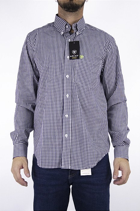 Camisa Masculina Ariat Manga Longa Xadrez Pequeno Marinho Bordado Verde Limão