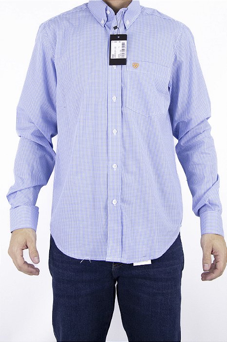 Camisa Masculina Ariat Manga Longa Xadrez Pequeno Azul Bordado Laranja