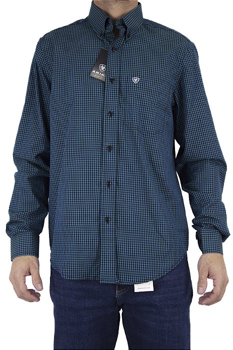 Camisa Masculina Ariat Manga Longa Xadrez Pequeno Verde Bordado Branco