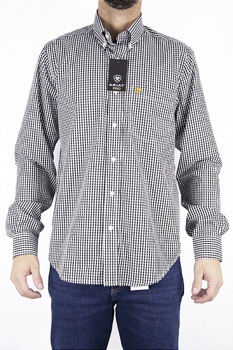 Camisa Masculina Ariat Manga Longa Xadrez Preto Bordado Laranja