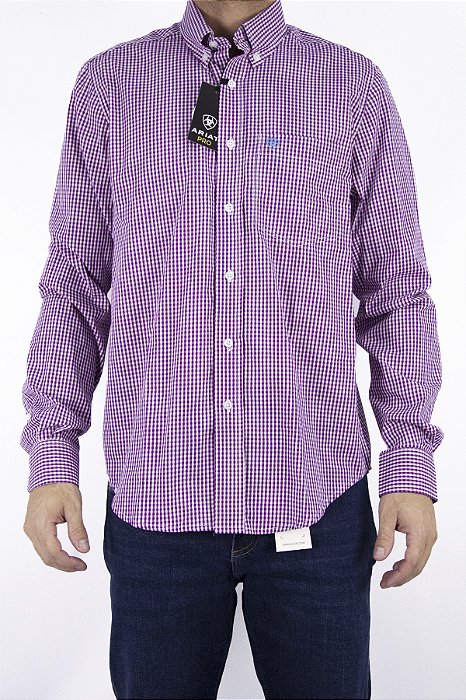 Camisa Masculina Ariat Manga Longa Xadrez Pequeno Vinho Bordado Azul
