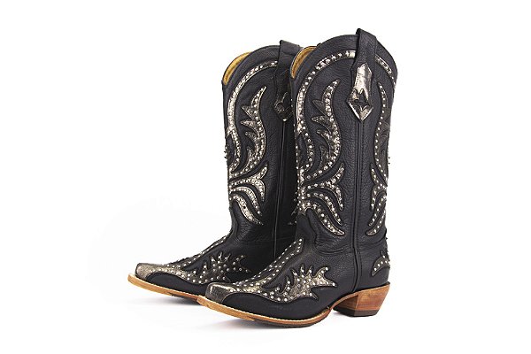 Bota Feminina Goyazes  Solado Couro - Cor Couro Pit Stop Preto/ Couro Pit Stop Preto 246802-CC