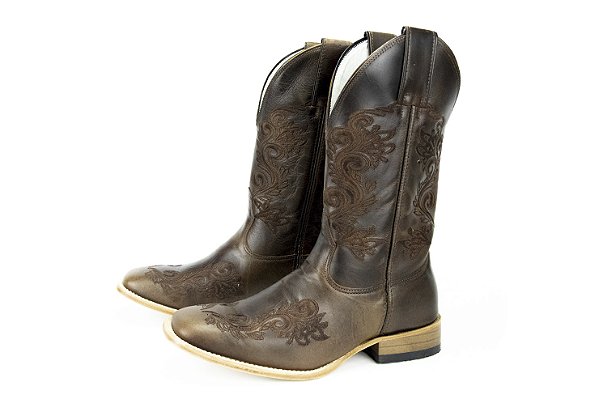 Bota Feminina Mr West Solado Couro/ Bico Quadrado/ B-36 Flor Café Cor 1474/ Fóssil Tabaco/ Fóssil Tabaco