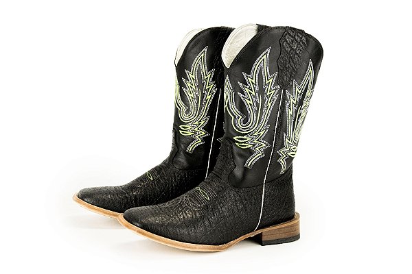 Bota Masculina Mr West Solado Couro/ Bico Quadrado/ Couro Cabeça/ B-58P BD247 Neon Cor 1463 - Cabeça Preto/ Fóssil Preto
