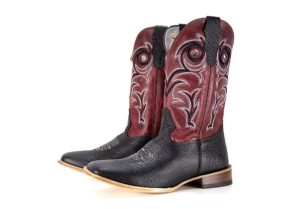 Bota Masculina Mr West - B-58P 889 PTO, Cor 1463 Cabeça Preto / Fossil Vermelho, Solado em Couro Natural, Bico Quadrado, Cano Médio