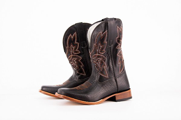 Bota Masculina FYD Cor Cabeça Preta/ Fóssil Preto/ Solado em couro/ Bico Quadrado/ Cano Médio